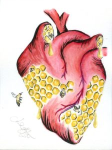 An anatomically-shaped heart, with embedded beehive cells, and bees flying and working. Art by Lior Effinger-Weintraub